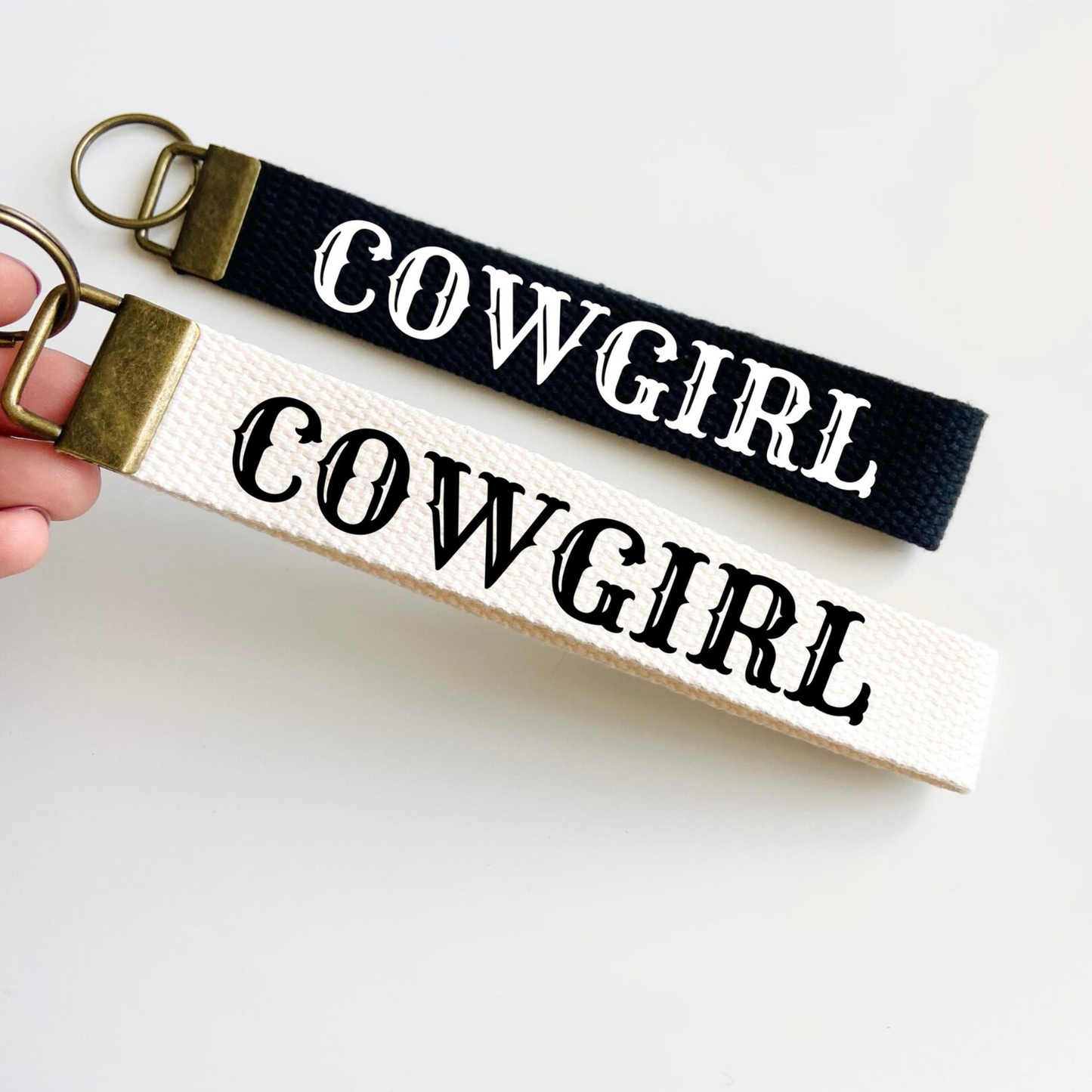 Cowgirl Keychain Keyfob 🤠✨ | Black or White Canvas with Bold Vinyl Lettering