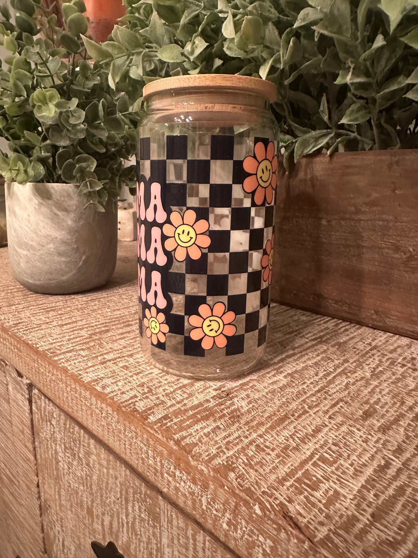 16oz “Mama Checkered Floral” UV DTF Libby Cup