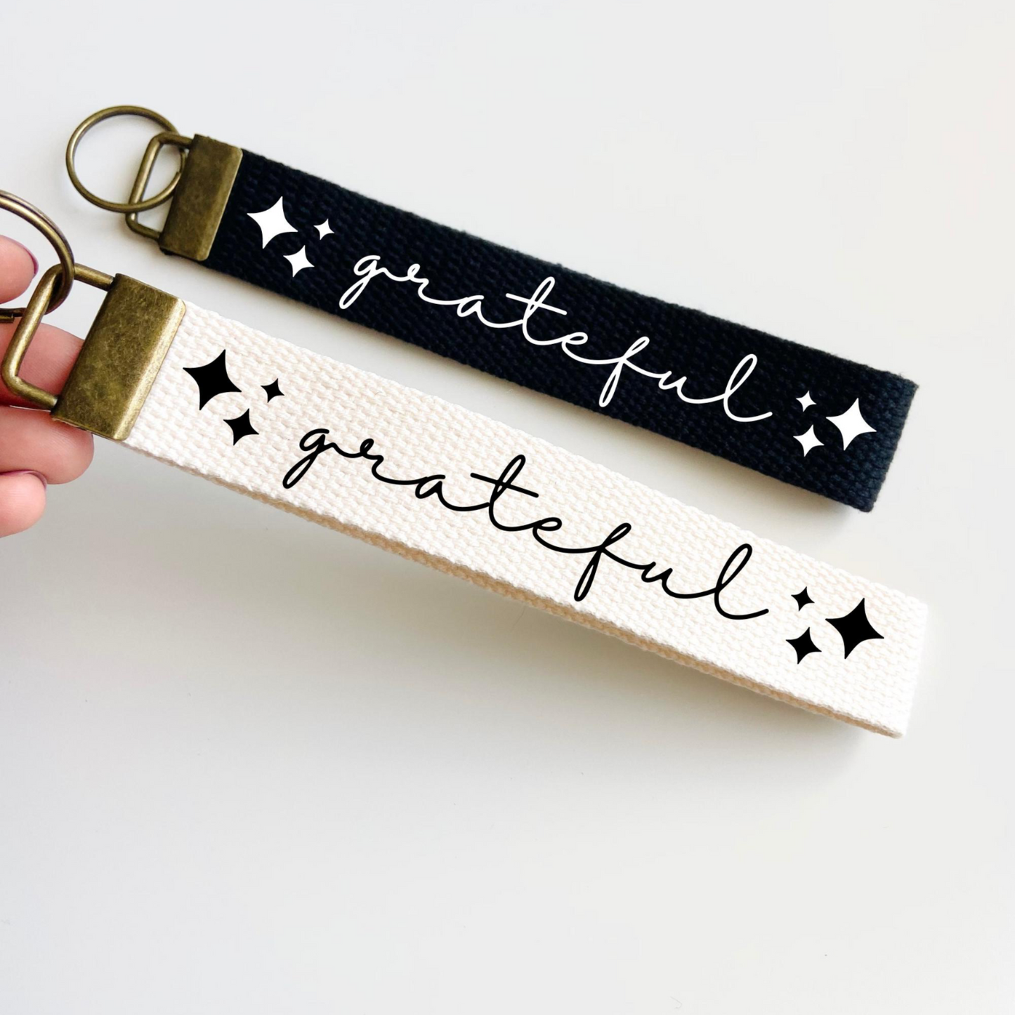 Grateful Keychain Keyfob 🌿✨ | Black or Sand Canvas with Uplifting Vinyl Lettering