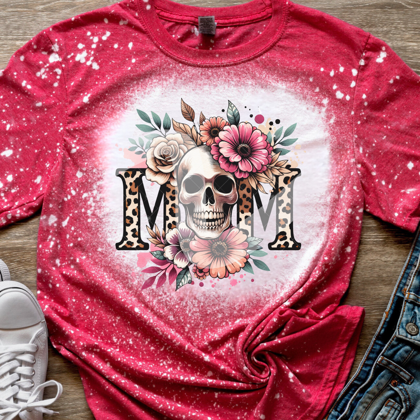 Leopard Mom Skully Bleached Tee Red