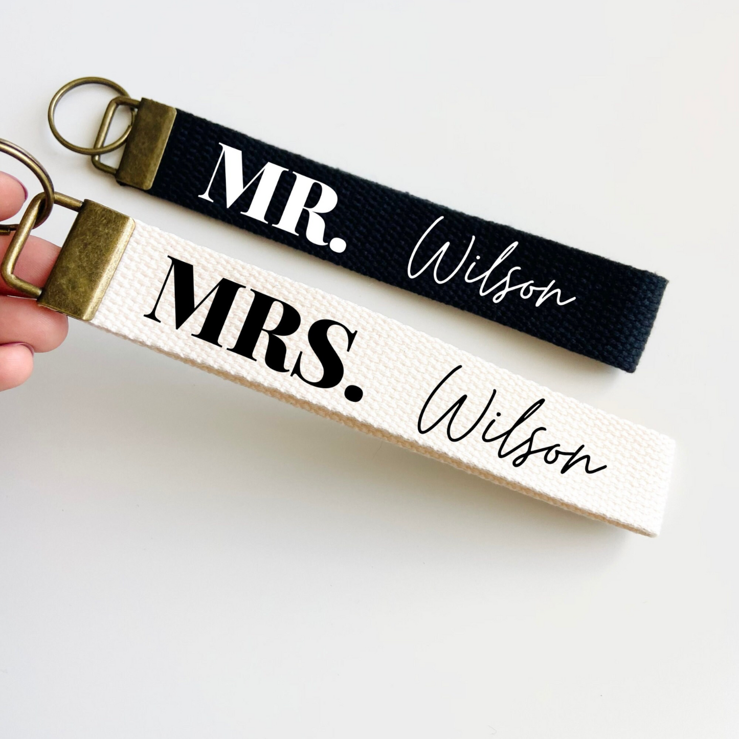 Mr. and Mrs. Keychain Keyfob 💍✨ | Customizable Vinyl Design on Black or Sand Canvas