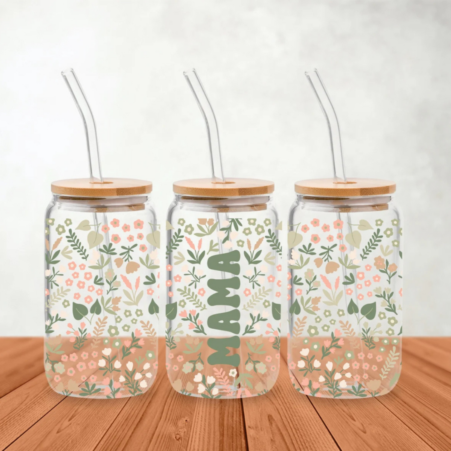 🌸🌿 “Mama” Libbey Glass Can 🌿🌸 – 16oz Sage & Pink Floral Sublimation 🌿🌸 Sweet Sip for Mom!