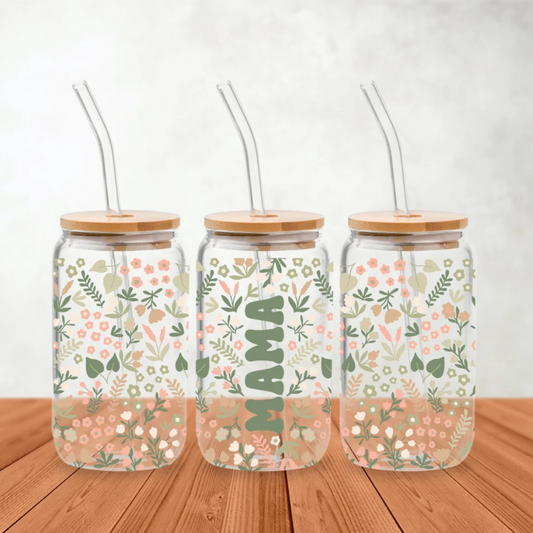 🌸🌿 “Mama” Libbey Glass Can 🌿🌸 – 16oz Sage & Pink Floral Sublimation 🌿🌸 Sweet Sip for Mom!